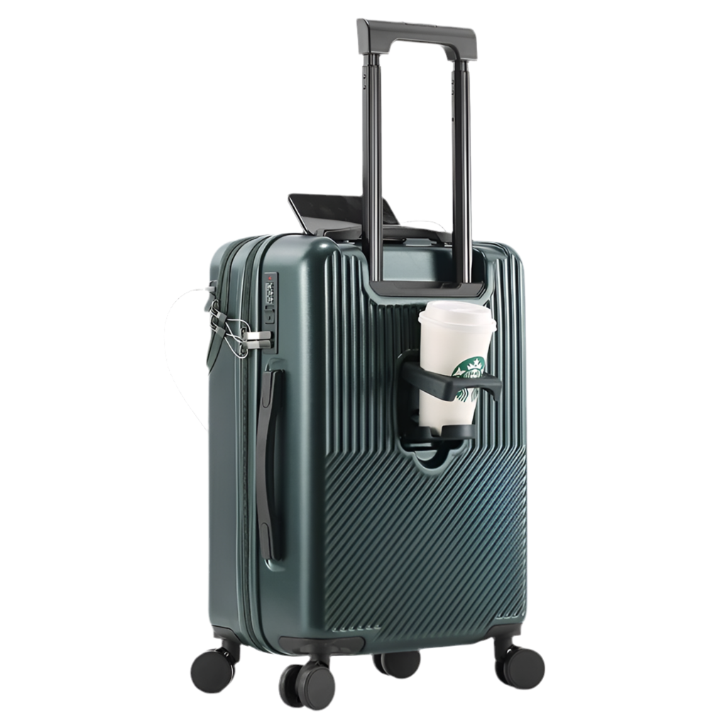 Resväska 51 till 66 cm – USB-port för mobilladdare & drinkhållare | Hårt kabin- & resbagage med kombinationslås - Grön