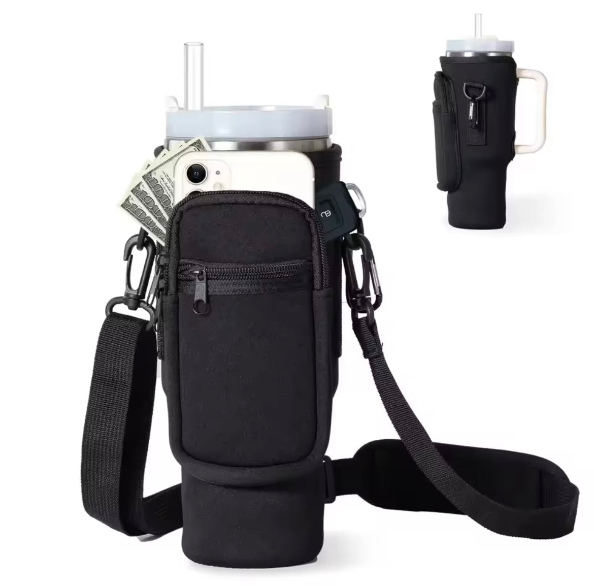 40oz Neopren Vattenflaskhållare med Justerbar Axelrem – Fodral med Flera Fickor för Stanley Quencher- Lila