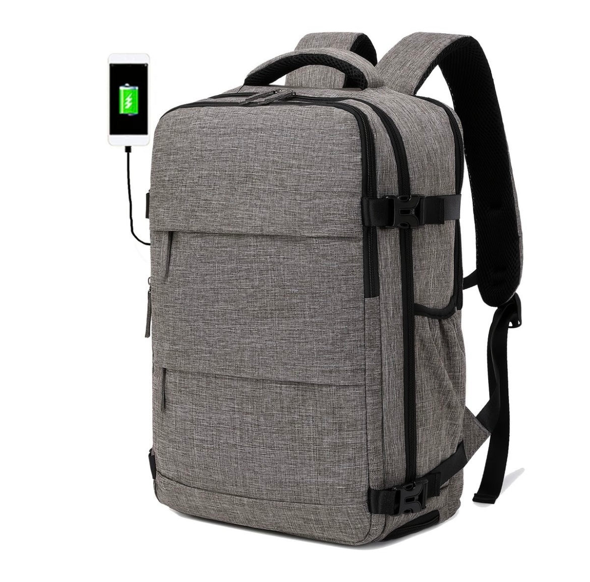 Flygbolagsgodkänd 38.1 cm Laptop Reseryggsäck i Polyester Med Justerbara Remmar, Skofack & USB-laddningsport - Idealisk För Skola & Arbetsresor- Svart