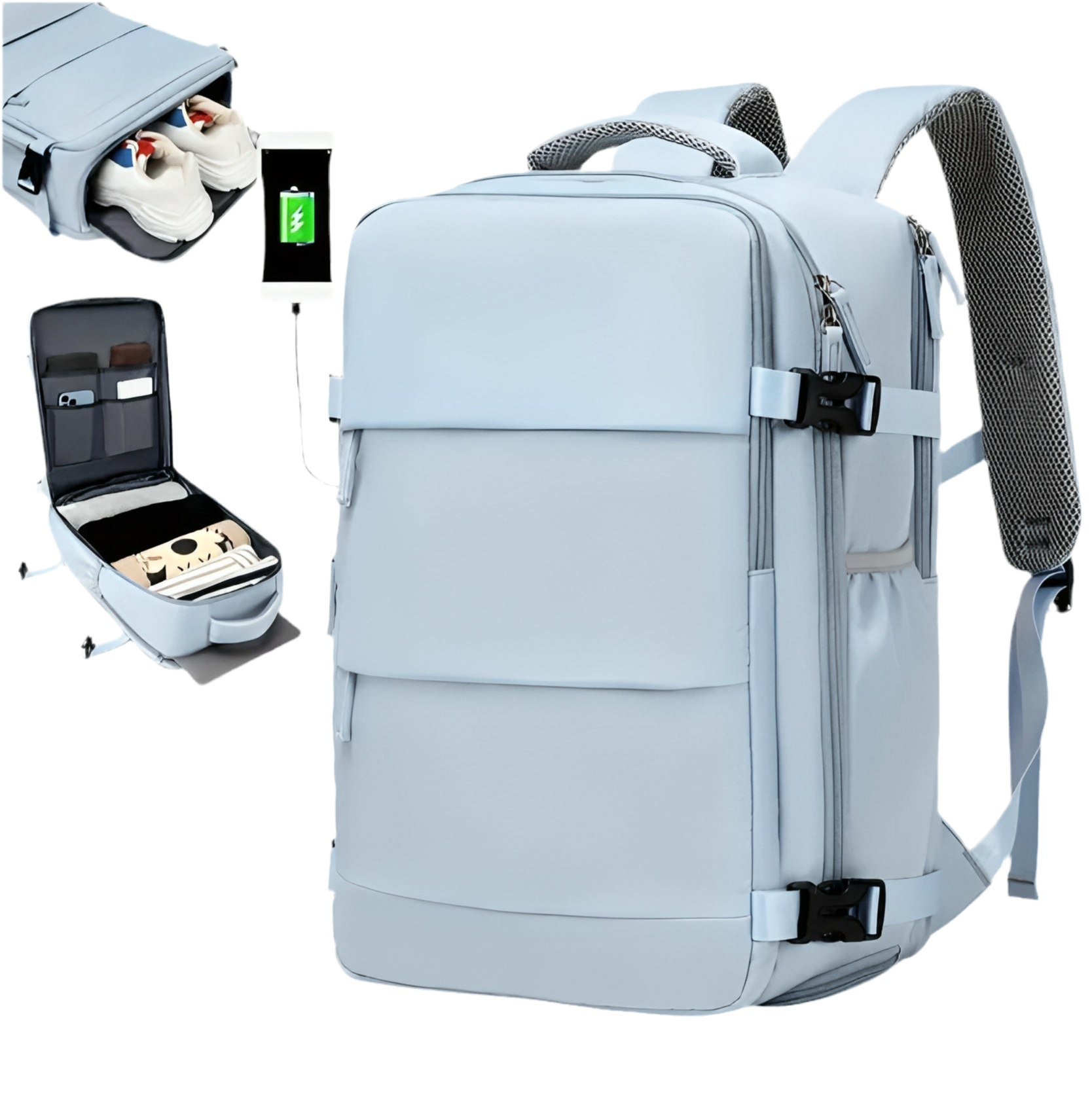 Flygbolagsgodkänd 38.1 cm Laptop Reseryggsäck i Polyester Med Justerbara Remmar, Skofack & USB-laddningsport - Idealisk För Skola & Arbetsresor- Blå