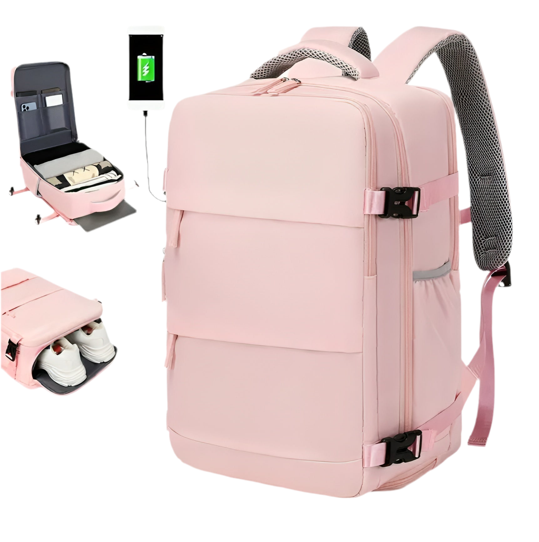 Flygbolagsgodkänd 38.1 cm Laptop Reseryggsäck i Polyester Med Justerbara Remmar, Skofack & USB-laddningsport - Idealisk För Skola & Arbetsresor- Blå