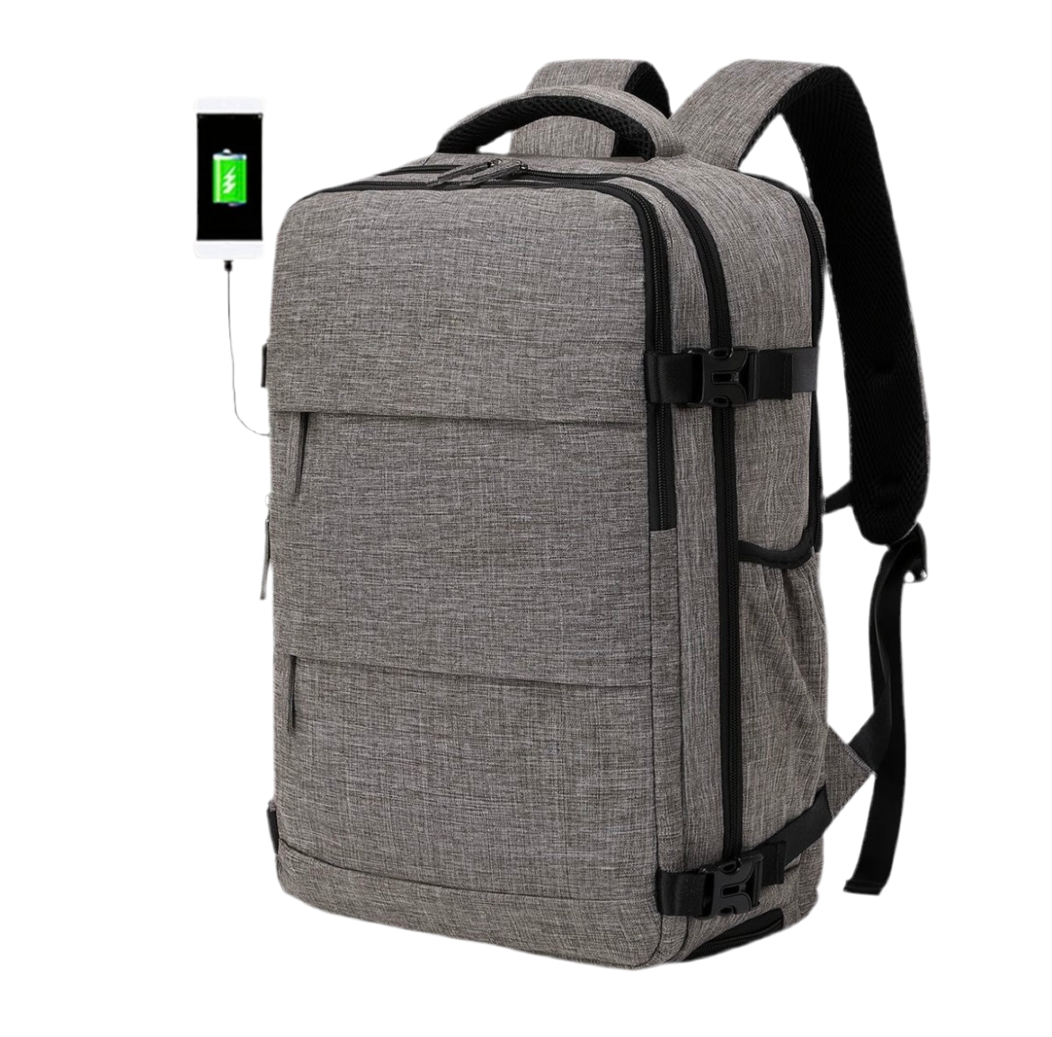 Flygbolagsgodkänd 38.1 cm Laptop Reseryggsäck i Polyester Med Justerbara Remmar, Skofack & USB-laddningsport - Idealisk För Skola & Arbetsresor- Grå