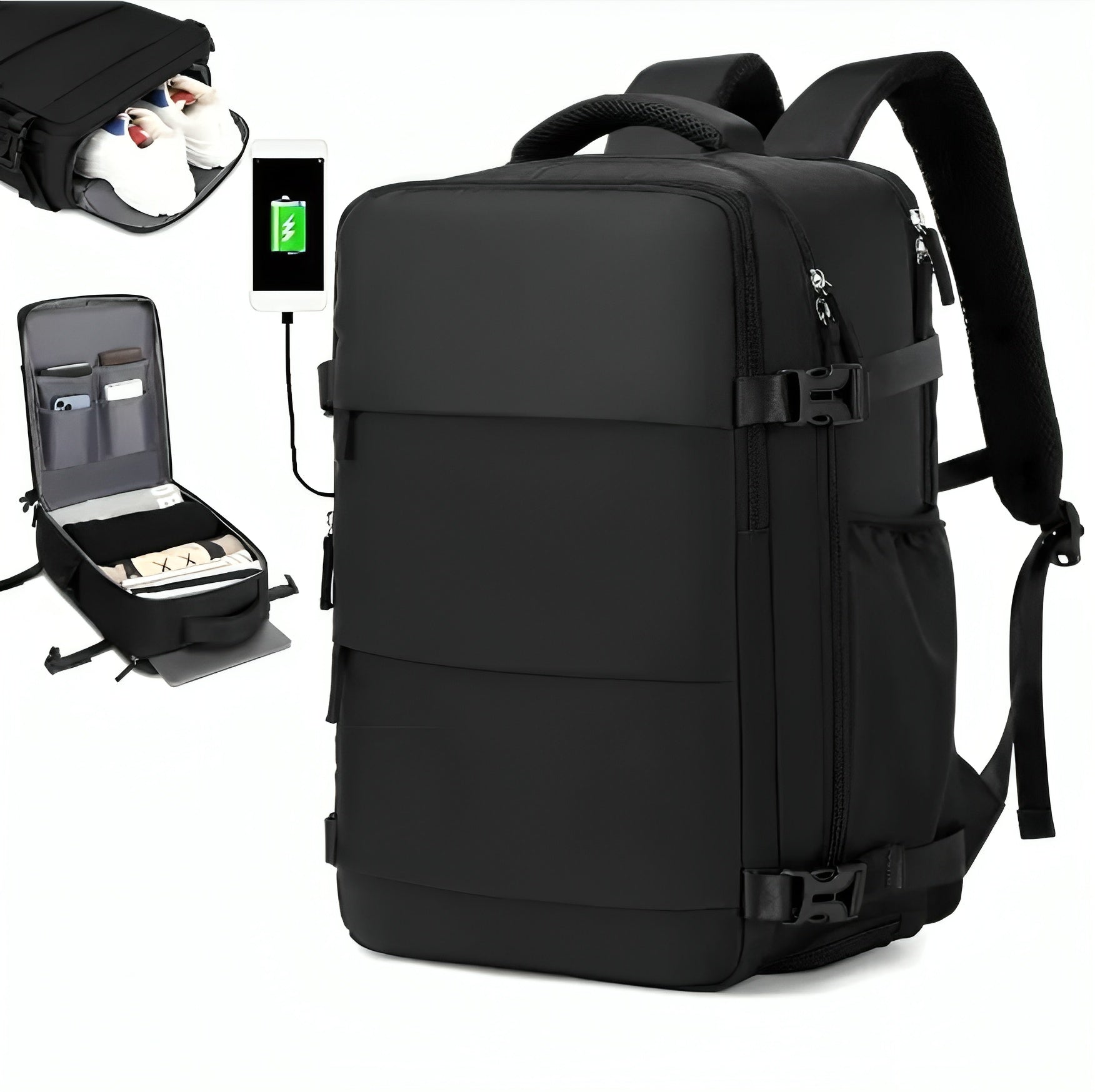 Flygbolagsgodkänd 38.1 cm Laptop Reseryggsäck i Polyester Med Justerbara Remmar, Skofack & USB-laddningsport - Idealisk För Skola & Arbetsresor- Blå