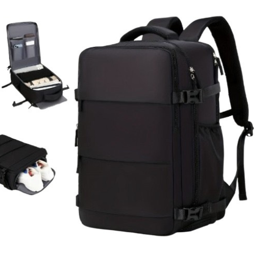 Flygbolagsgodkänd 38.1 cm Laptop Reseryggsäck i Polyester Med Justerbara Remmar, Skofack & USB-laddningsport - Idealisk För Skola & Arbetsresor- Svart
