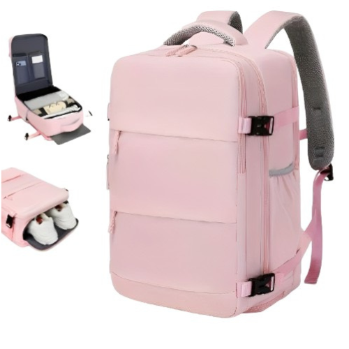 Flygbolagsgodkänd 38.1 cm Laptop Reseryggsäck i Polyester Med Justerbara Remmar, Skofack & USB-laddningsport - Idealisk För Skola & Arbetsresor- Svart